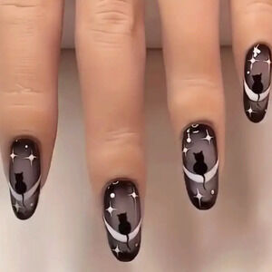 24pcs Women's & Girls Long Oval Spooky Glossy Black Cat Press On Nails